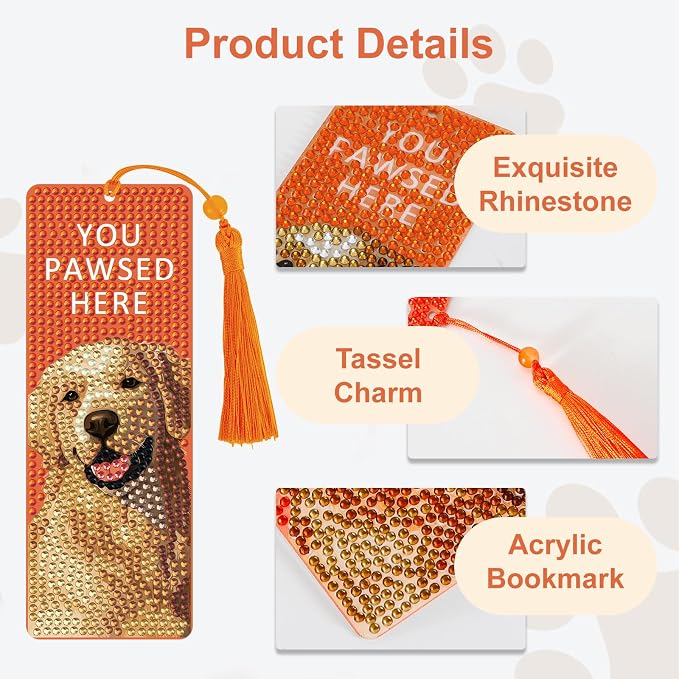 6 Pack Diamond Art Bookmark Kit, Dog Theme with Tassels - Great Gift for Book Lovers and Readers
