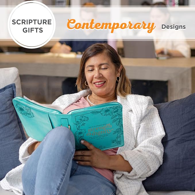 Christian Art Gifts Women's Fashion Bible Cover Strength and Dignity Proverbs 31:25, Teal Faux Leather, Medium
