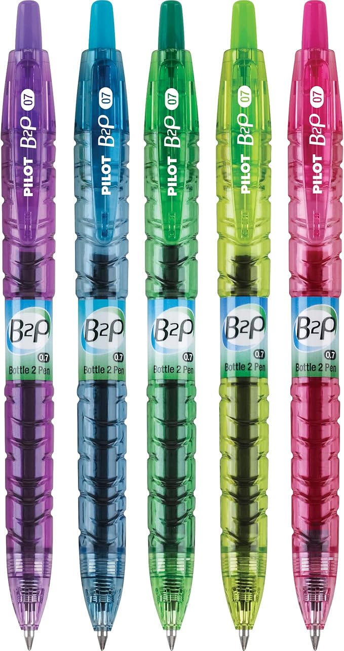 PILOT B2P Colors - Bottle to Pen Refillable & Retractable Rolling Ball Gel Pen Made From Recycled Bottles, Fine Point, Assorted Color G2 Inks, 5-Pack (36621)
