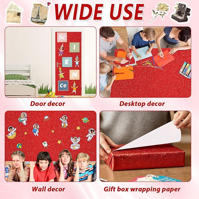 Qyeahkj 17in x 20ft Glitter Bulletin Board Paper Roll Bulletin Board Background Paper Fade Resistant Classroom Decoration Poster Art Craft Home Wall Education Decor Supplies Red