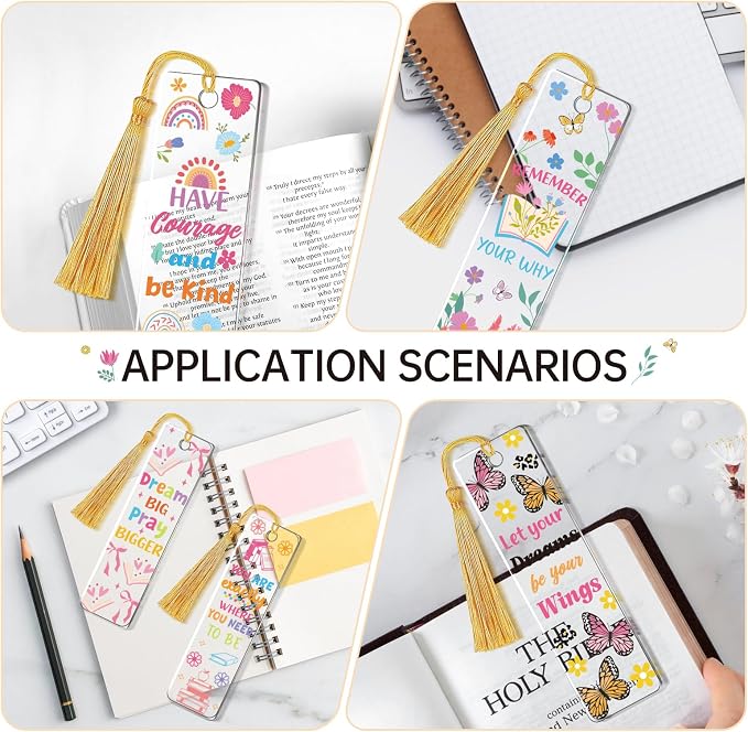 AFRITEE UV DTF Bookmark Wraps - 24 Sheets Mental Health Inspirational Quotes Acrylic Bookmark Blanks Uvdtf Decals, Flowers Butterflies Transfer Sticker Bookmark Double Sided Decal Crafts Decorations