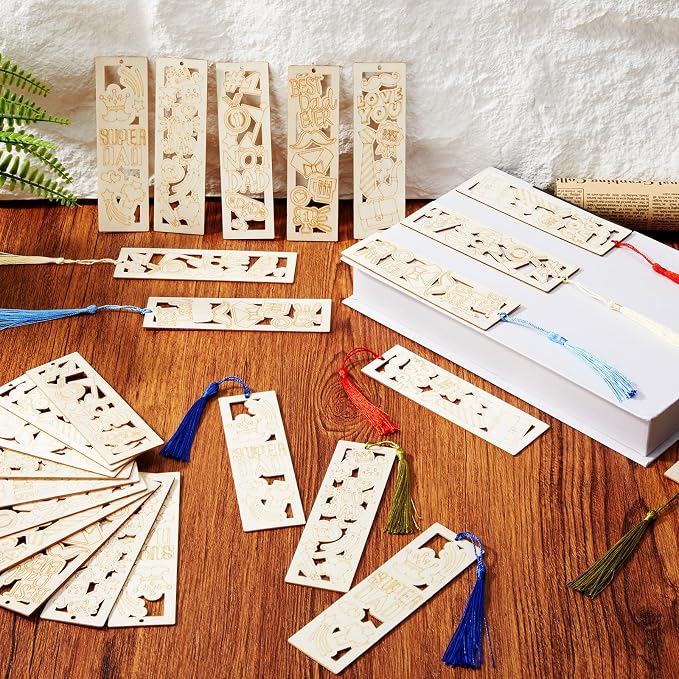 Yexiya 100 Pcs Father's Day Wood Bookmarks Bulk DIY Crafts Kit, 50 Set Blank Coloring Bookmarks with Tassel for Dad Grandpa Gifts Classroom Activity Party Favor