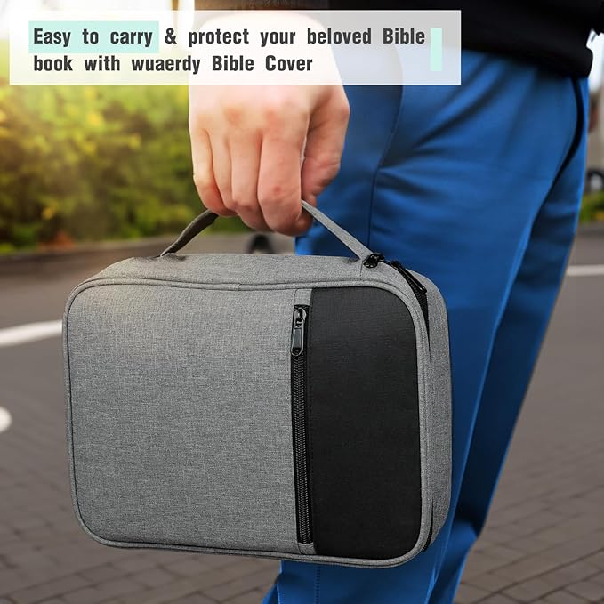 Bible Cover, Carrying Bible Case Book Cover Church Bag with Handle Large Size 10 * 7.5 * 2.5in, Bible Protective Case w/ 200 PCs Bible Tabs for Men Women, Gray