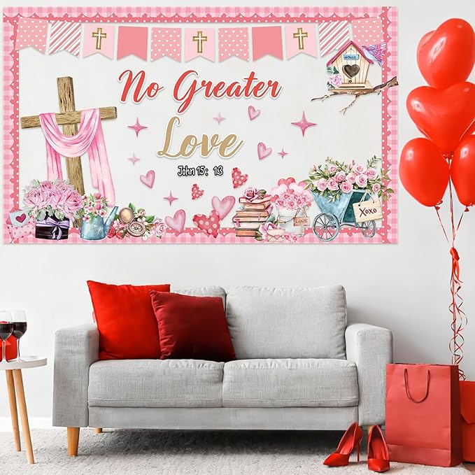 Valentine's Day Christian Bulletin Board Set Religious Bible Verse Classroom Decoration No Greater Love Heart Rose Cross Cutouts for Sunday School Church VBS Classroom Party Chalkboard Wall Decor