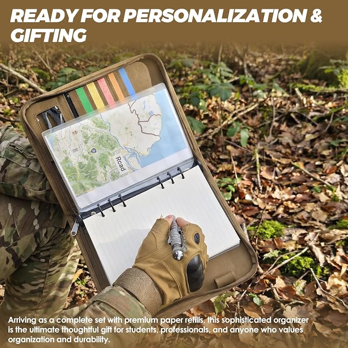 Tactical Notebook Cover, A5 Padfolio 6 Ring Binder with Big Back Pocket & Hand Strap, Zippered Hardcase Planner for Journal, College, Office, Field (Khaki, A5(7.3 x 10 inches))