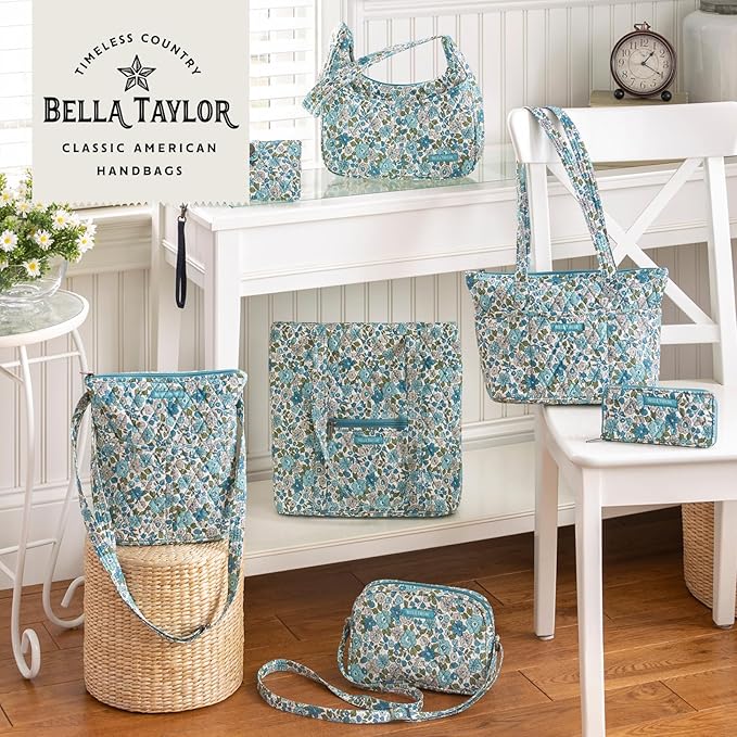 Bella Taylor Small Bible Cover for Women - Quilted Cotton Bible Case for 6 x 9 inch Books - Delicate Floral Blue