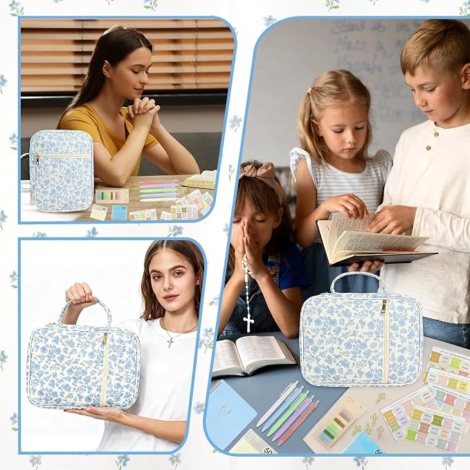 Blue Bible Cover Case for Women Bible Study Supplies Church Camp Essentials Christian Gifts