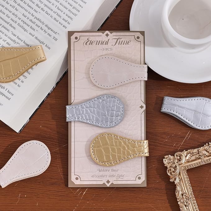3PCS Vintage Magnetic Leather Bookmark, Leather Magnetic Bookmarks for Women, Magnetic PU Bookmarks Clip Book Accessories, Golden Pattern