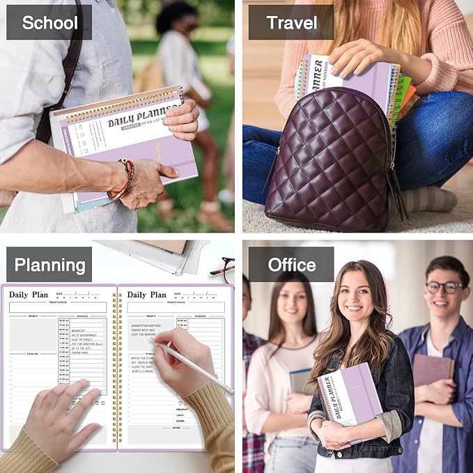 Daily Planner Undated, To-Do List Notebook with Hourly Schedule, Spiral Appointment Organizer Calendar for Man / Women, Flexible Cover, Twin-Wire Binding Elastic Closure, Pocket Pen Loop, 160 Pages