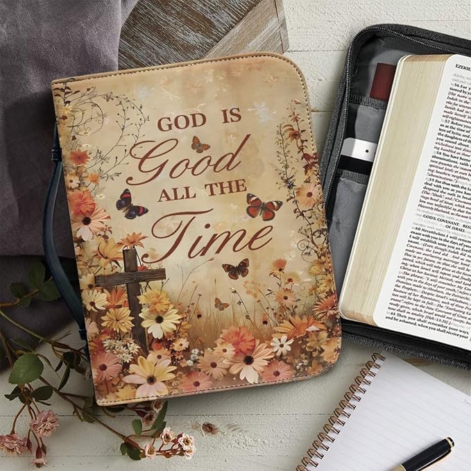 Vintage Religious Floral Cross Bible Case with Bookmark Waterproof Bible Cover Case for Women Lightweight Bible Bag with Handle Pockets Church Book Bag Brown