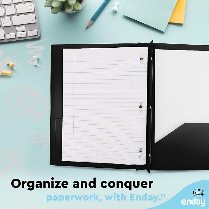 Plastic Folders with Pockets and Prongs Black, Two Pocket Folder with Brads, 3 Prong Folders with Pockets for Letter Size Sheets (6 Pack) - By Enday
