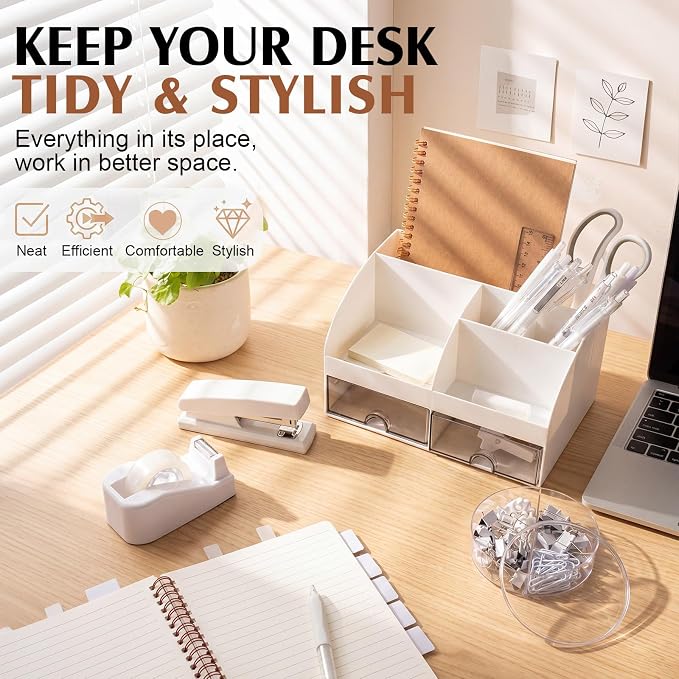 Eersida Office Desk Accessories Supplies, 26 Pcs Desk Organizer with Tape Dispenser, Stapler, Staple, Staple Remover, Scissor, Ruler, Sticky Tabs, Tape, Ballpoint Pen, Pencil, Clips for School(White)
