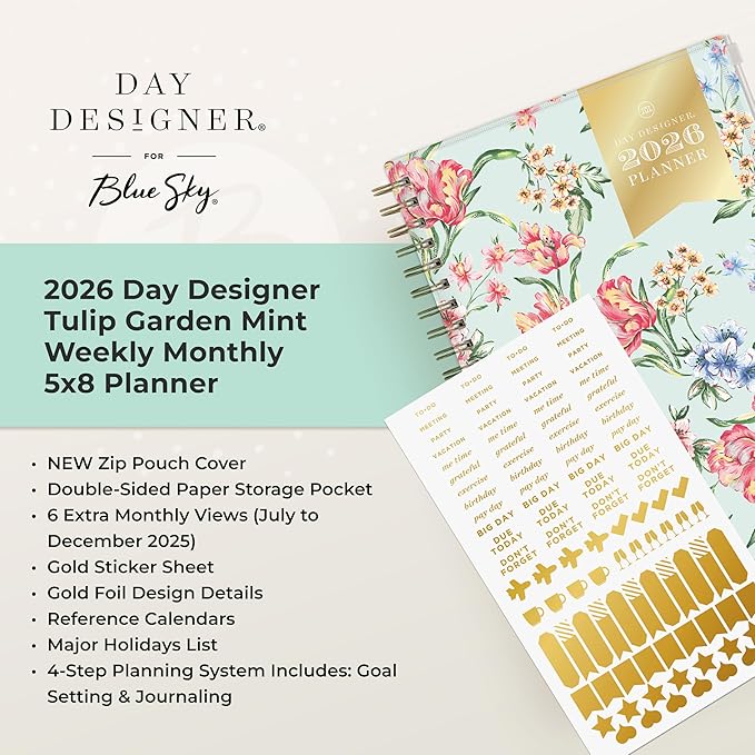 Blue Sky Day Designer 2026 Weekly and Monthly Planner Calendar, January 2026 - December 2026, 5" x 8", Flexible Cover With Zip Pouch, Durable Twin Wire Binding, Storage Pocket, Includes Stickers, Tulip Garden Mint
