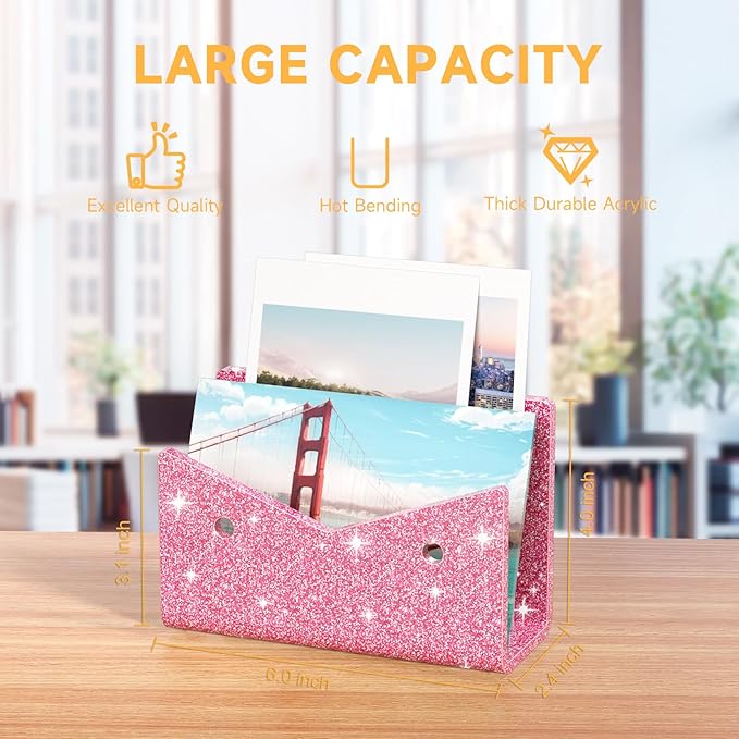 Mail Organizer Envelope Holder - Glitter Pink Acrylic Mail Holder Countertop Vertical Desk Organizer Small File Bill Document Notebook Letter Sorter for Home School Office Supplies