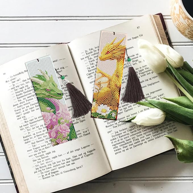 Dragon Diamond Art Bookmarks Kit: 8 Pcs Diamond Painting Bookmark with Tassels, Fantastic Dragon Book Marks for Book Lovers, Gifts for Reading Men DIY Crafts
