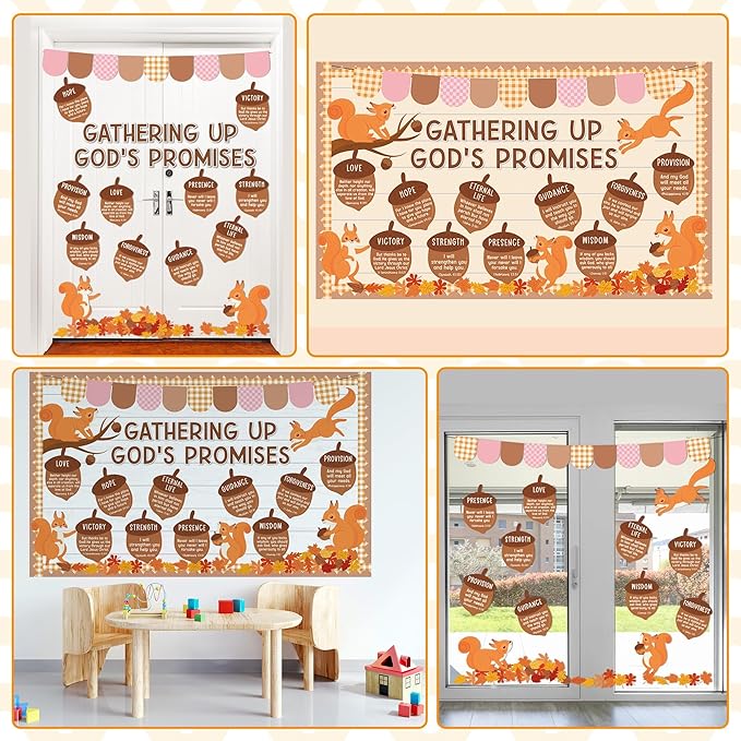 Bible Verse Bulletin Board Autumn Christian Classroom Decoration Gathering Up God's Promises Coutouts Retro Groovy Religuous for School Home Office Chalkboard Blackboard Wall Window Decor Supplies