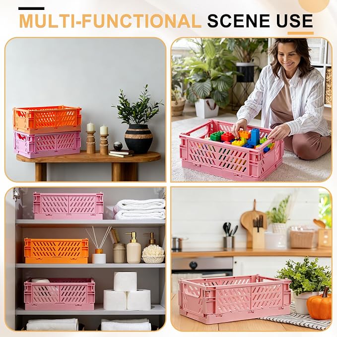 uxcell 2Pcs Small Plastic Storage Baskets, 6 x 3.9 x 2.4 Stackable Foldable Storage Bins with Handles Collapsible Crates for Home Office Shelves Closet Books Organizing, Pink