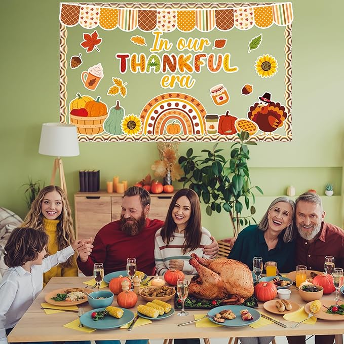 Thanksgiving Turkey Bulletin Board Decorations Pumpkin Maple Leaves Paper Cutouts in Our Thankful Era Bulletin Board Set Fall Party Supplies for Autumn School Chalkboard Wall Window Decoration Favor