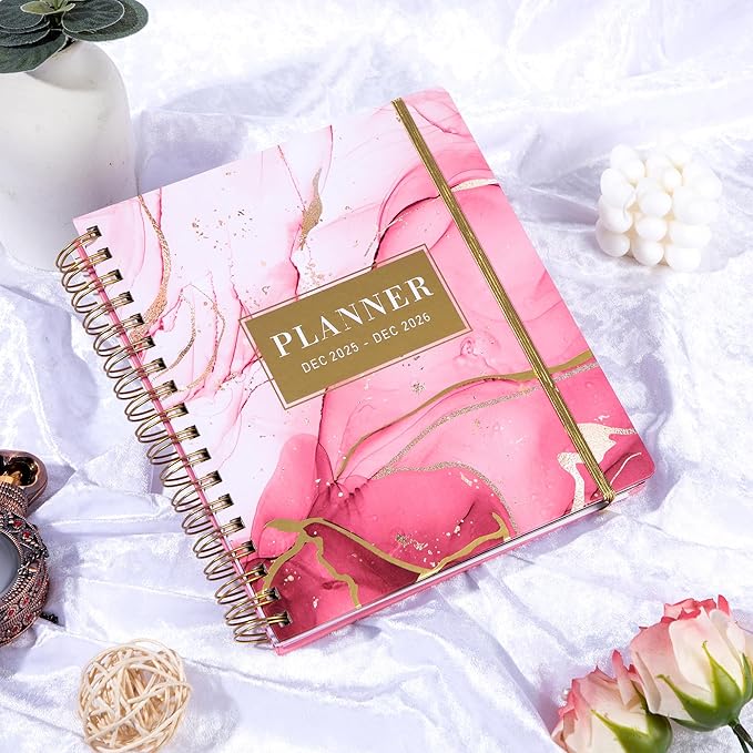 CAGIE 2026 Planner Weekly and Monthly Dec 2025–Dec 2026 Hardcover Planner with Pockets, 13 Month Large Pink Marble Calendar Planner with Stickers Tabs, Spiral Bound Yearly Calendar Planner for Women, 8.3" x 9.3"