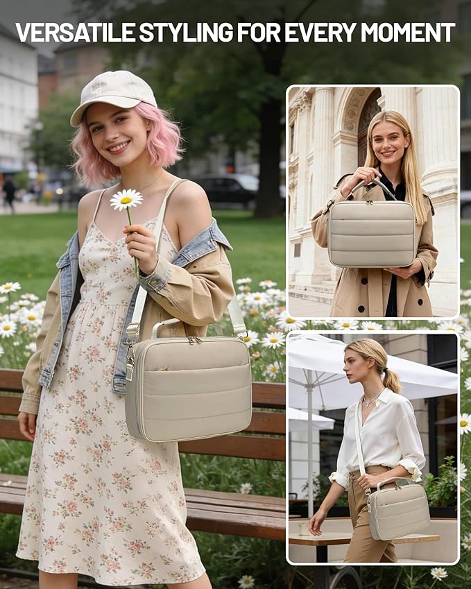 Bible Cover Case for Women, Large Quilted Puffer Bible Bag with Shoulder Strap, Womens Book Carrying Case for Church, Cute Bible Carrier Study Supplies Gifts for Christian Lady, Sand Beige