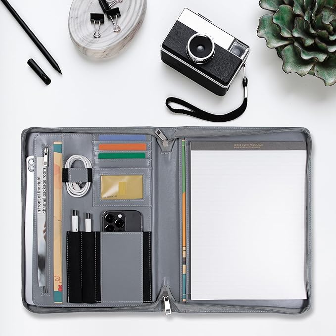 Personalized Leather Portfolio with Zipper, Professional Business Padfolio with A4/US Letter Writing Pad Holder for Interview, Resume Folder for Men and Women, Gray