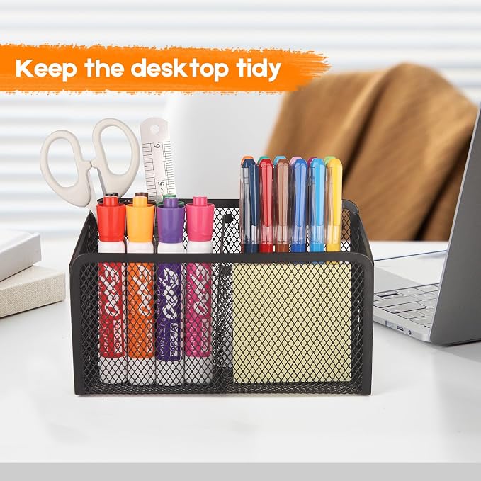 Ameceres Magnetic Pencil Holder - Extra Strong Magnets Mesh Marker Holder Perfect for Whiteboard, Refrigerator and Locker Accessories (2-Compartment (1 Pack))