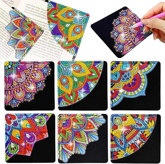 6 Pcs Diamond Painting Bookmark, DIY Corner Book Makers for Adults Book Lovers, Diamond Dot Art Beginner, Small Diamond Art Kits, Paint by Art Crafts Gift for Women Girls (Mandala 6 Black)