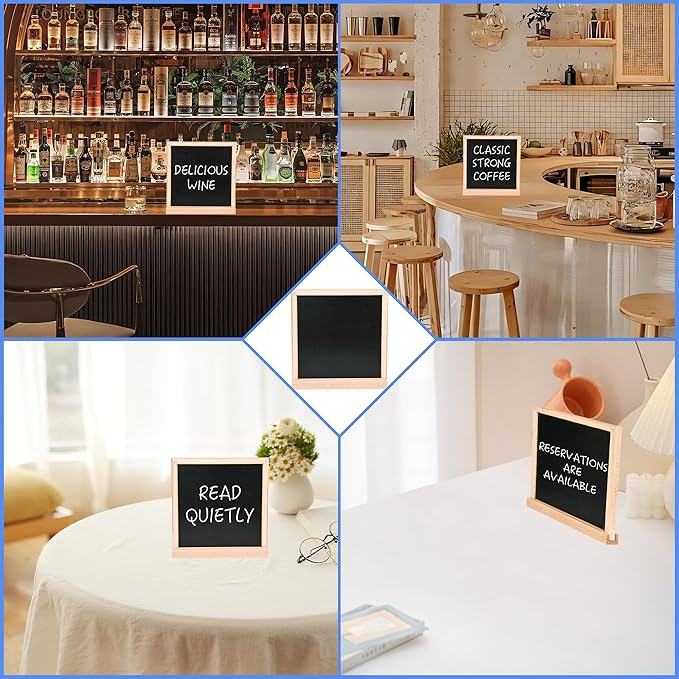 10" x 10" Double Sided Chalkboard Sign with Stand, Small Chalk Board Blackboard Wood Frame Felt Letter Board with 12 Chalk Markers and 340 Letters (Natural Wood)