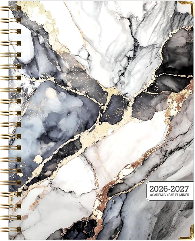 HARDCOVER Academic Year 2026-2027 Planner: 14 Months (May 2026 Through June 2027) 8.5"x 11" Daily Weekly Monthly Planner Yearly Agenda. Bookmark, Pocket Folder and Sticky Note Set (Black Gold Marble)