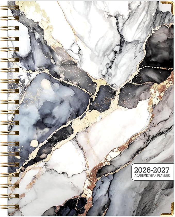 HARDCOVER Academic Year 2026-2027 Planner: 14 Months (May 2026 Through June 2027) 8.5"x 11" Daily Weekly Monthly Planner Yearly Agenda. Bookmark, Pocket Folder and Sticky Note Set (Black Gold Marble)