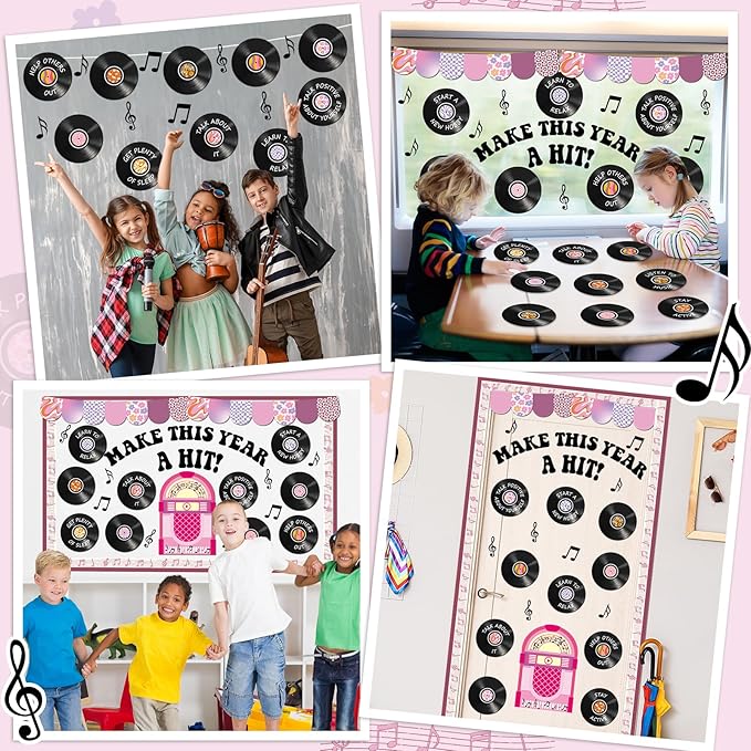 Vintage Record Bulletin Board Set Mental Health Classroom Decoration Music Retro Purple Writable Paper Cutout Make This Year A Hit Bulletin Board for Back to School Office Nursery Home Wall Door Decor