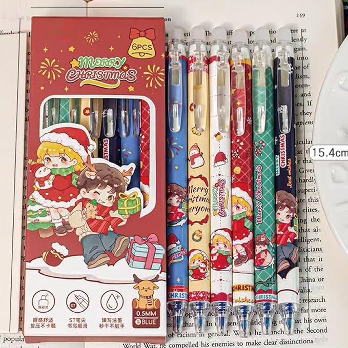 MOZXIRZ 6 Pcs Cute Christmas Erasable Pens Retractable Erasable Gel Ink Pen Cartoon Xmad Pens 0.5mm Blue Ink Pen Writing Pen Office School Pens Women Girls Boys (Blue Ink-Christmas)