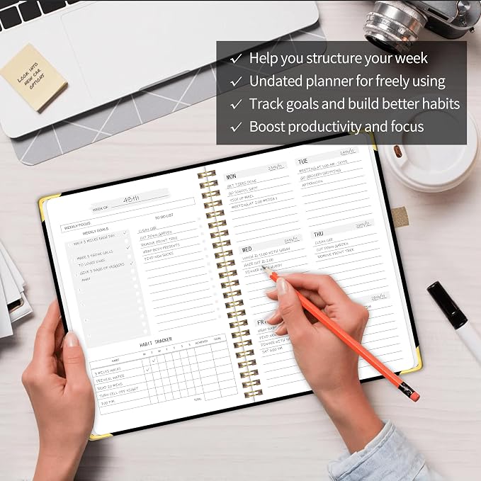 Undated Weekly Planner, Weekly To Do List Notebook with Goal & Habit Tracker Organizer, A5 Hardcover Weekly Planner for ADHD, Office School Home Supplies, Reduces Stress and Boosts Productivity - Black