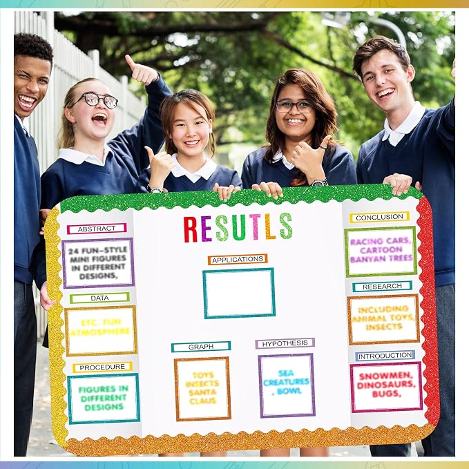 Sinload 92 Pcs Science Fair Board Supplies 60 Trim Scalloped Poster Boards 18 Presentation Subtitles 6 Project Titles 8 Letter Sticker for Classroom Display Boards (Glitter Neon,Wave)