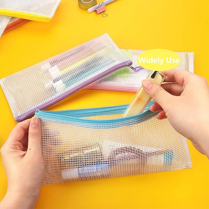 10pcs Mesh Zipper Pouch Bags,Plastic Pencil Storage Bags,Bill Size 8.7" x 4.7", 10 Colors Waterproof Small Zipper Pouches for Travel, Cosmetics, School Office Organization