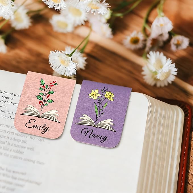 EDSG Personalized Magnetic Bookmarks, Leather Bookmark Clip with Birth Flower & Name, Custom Bookmarks for Book Lovers, Reader, Teacher, Book Mark for Women Men Christmas (Purple-Magnetic V1)