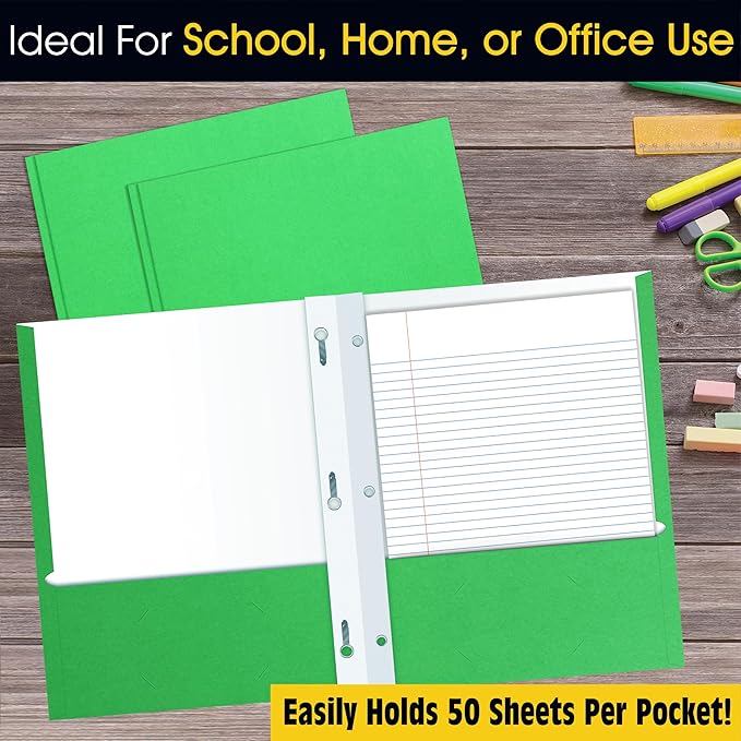 2 Pocket Portfolio Folders with Prongs (Metal Fastener Clips), 25 Pack, Cool Trendy Colors, Fits Letter Size Paper, for School, Office, Home, Matte Finish (Neon Green)