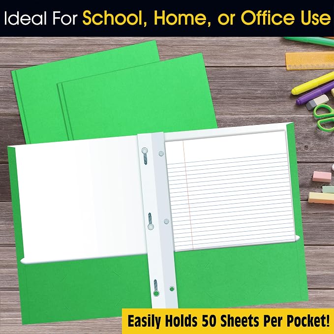 2 Pocket Portfolio Folders with Prongs (Metal Fastener Clips), 25 Pack, Cool Trendy Colors, Fits Letter Size Paper, for School, Office, Home, Matte Finish (Neon Green)