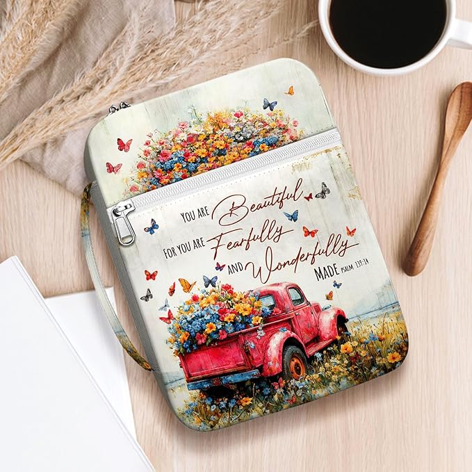 Vintage Red Truck Floral Bible Cover for Women, Scripture Verse Canvas Bible Case with Handle and Zipper Pocket, Fits Standard Size Bible, Christian Gift for Mom, Church Study Bag