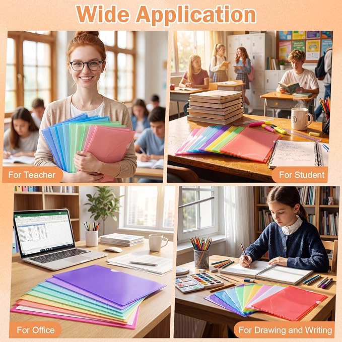 Fainne 300 Pcs Plastic Document Folders Clear File Folders Plastic Pockets Sleeves Letter Size 8.7 x 12.2 Inches A4 Assorted Colors for Office Supplies (Colorful)