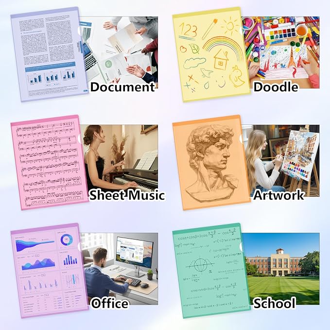 HOUYEE 12 Pack Clear Document Folders, L-Type Plastic File Folder Sleeves, Project Folders Paper Sheet Protectors for 8.5" x 11" Letter Size, for Home, Office, and School Use (6 Assorted Colors)