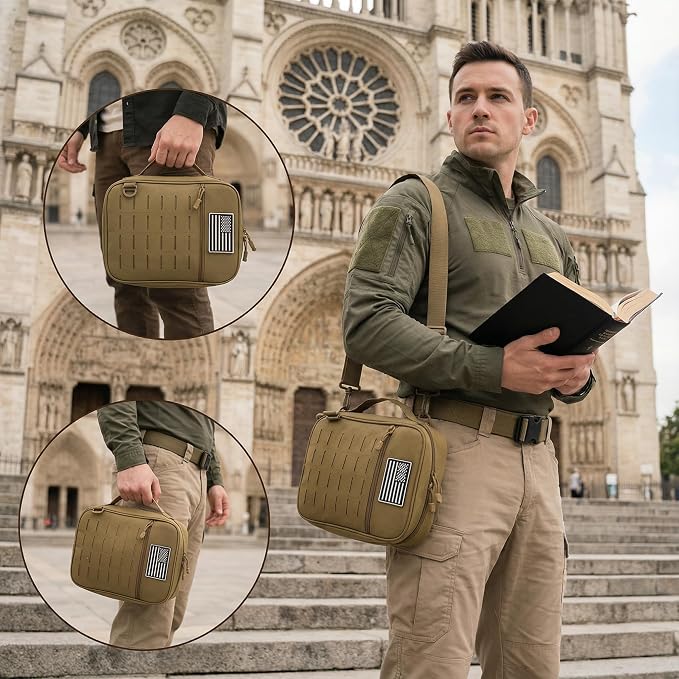 Tactical Bible Cover for Men, Large Bible Case with Shoulder Strap & US Flag Patch, Water Resistant Bible Carrier Bag with Handle, Multi Pockets for Church Study & Travel(Brown)