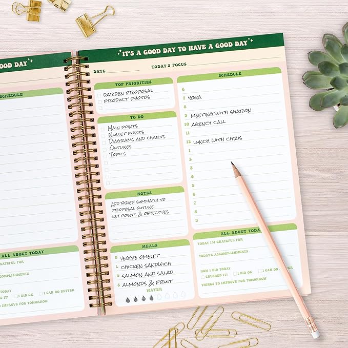 Undated Daily Planner Notebook 7.75x10, Cute Planner Notebook, Pink Green To Do List Notebook, Large Hardcover Spiral Schedule Notebook Planner, Inspirational Quote Planner Students Girls Teens