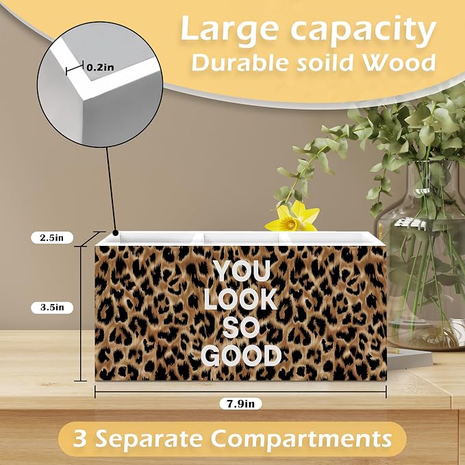 Inspirational Leopard Print Pen Pencil Holder, Cheetah Desk Accessories, Trendy Leopard Print You Look So Good Wooden Pen Pencil Organizer for Y2k Room Dorm Desk Decor