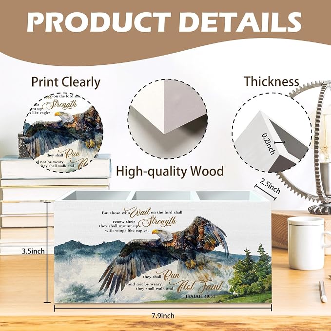 DILSJ Christian Inspirational Pen Pencil Holder Organizer for Desk, Inspirational Gifts for Women, Bible Verse Scripture Eagle Wooden Box Signs for Church Prayer Room Desk Tabletop Decoration Supplies