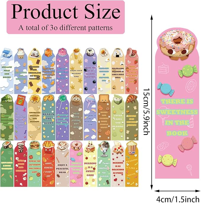 30 Pcs Cute Food Bookmarks for Kids Food Theme Bookmark Cartoon Bookmark for School Office Students Teens Book Reading Lovers Classroom Favors