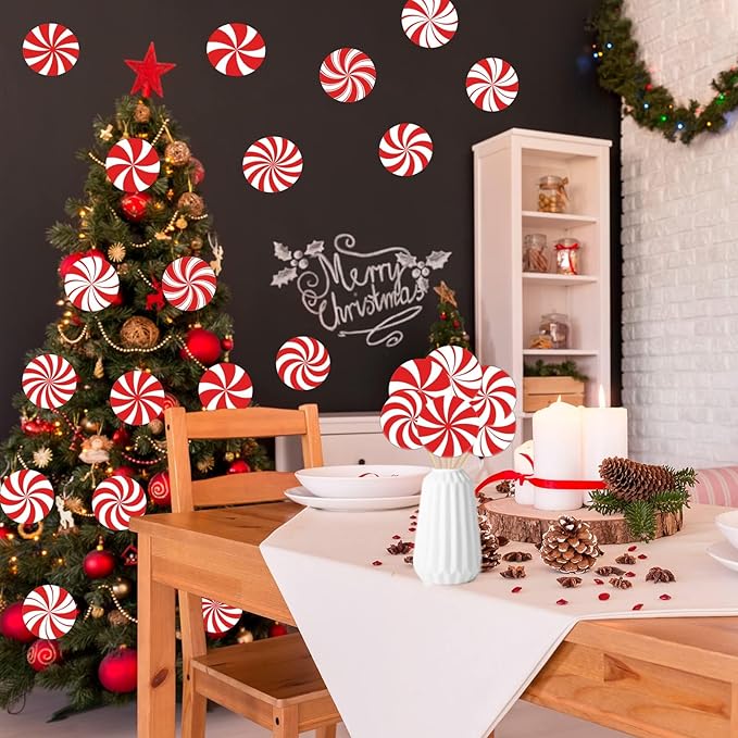 48 Pieces Peppermint Candies Cutouts Christmas Home Classroom Decoration Sweet Peppermint Cut Outs with Glue Point Dots for Winter Bulletin Board School Christmas Party, 5.9 x 5.9 Inch(Red & White)