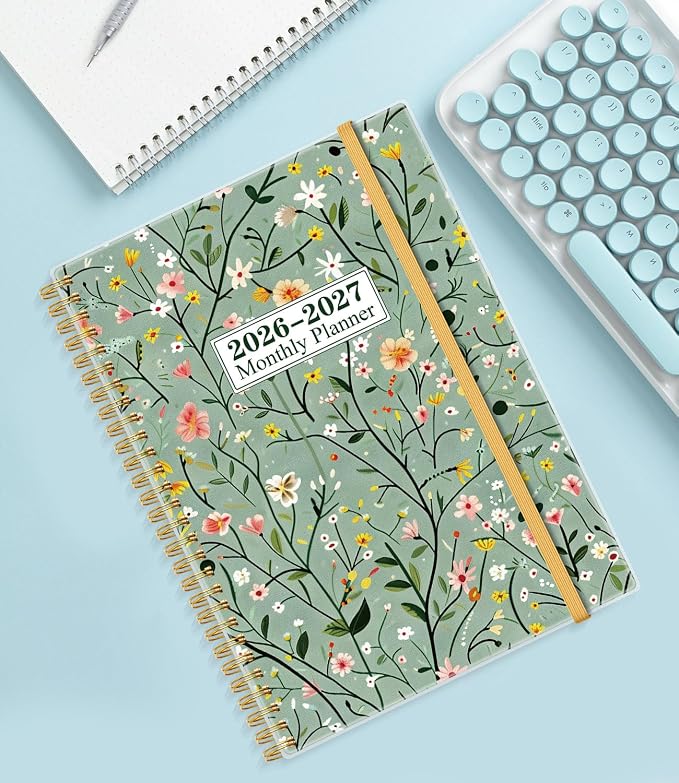 Monthly Planner 2026-2027 – Monthly Calendar from July 2026 to December 2027, 18 Month Planner with Spiral Binding, Inner Pocket, Elastic Closure, 8.5" x 11", Flower-B