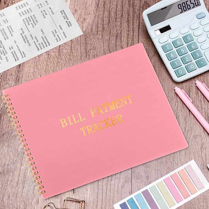 HAUTOCO Bill Tracker Notebook Monthly Bill Payment Tracker for Personal Budgeting Home Financial with 2 Storage Pocket, Payments Checklist Organizer Bill Planner 10.1 x 7.8'', Pink