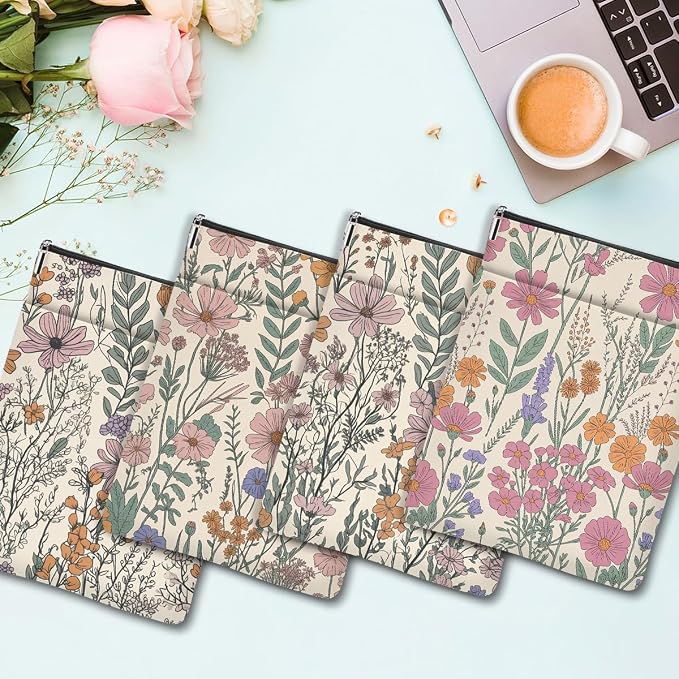 4PCS Waterproof Book Sleeve Book Pouch Protector with Zipper and Front Pocket Books Cover for Women Girl Books Lover Reader Librarian Reading Accessories Bookish Gifts, Cute Wildflower Pattern Decor